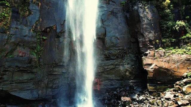 Fitzroy Falls, Australia, Aerial Drone Pans Up and Away from Bottom of Falls