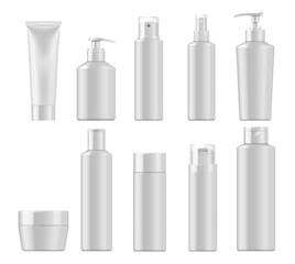 Cosmetics package mockups. Vector realistic containers of beauty products, white blank plastic bottles, tubes and jar for cream, lotion and shampoo, skin care spray, shower gel, bath oil, liquid soap