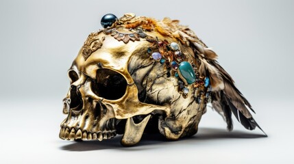 Isolated macro 24k gold skeleton king skull, adorned with precious gemstones and beads of diamonds, turquoise and amber with exotic feathers crown, closeup view - generative AI - obrazy, fototapety, plakaty