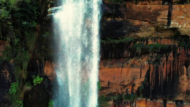 Fitzroy Falls, Australia, Aerial Drone Descends into Falls, Facing Cascade