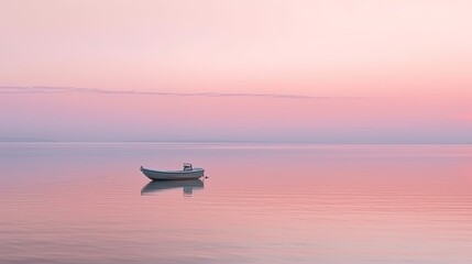 Lone boat at sea on a gentle pink landscape background, generative ai composite.