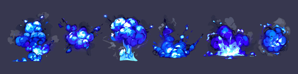 Blue fire explosion ui animation sprite vector set. Cartoon magic hit effect animated kit on dark background. Energy frames, thunderbolt and electric glow. Isolated comic burn with smoke illustration.