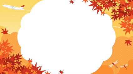 秋の紅葉と飛行機、赤とんぼの飛ぶ風景　フレーム・背景素材（横向き16:9） © Katie（カチエ）