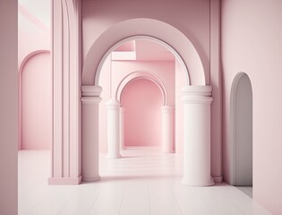 Minimalistic pink arch interior, generative ai composite.