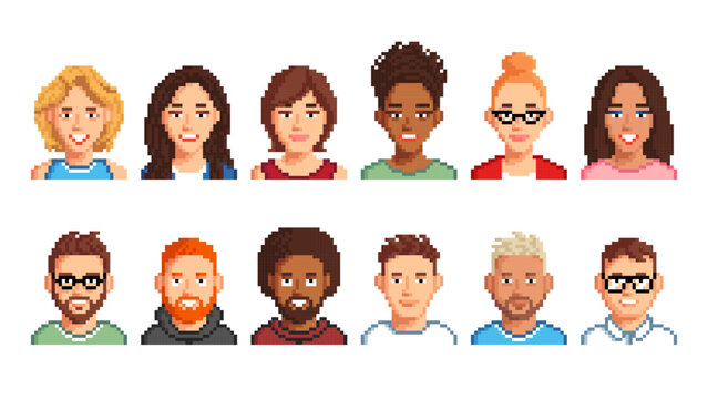Avatar pixel characters, youth men and women, cartoon vector icons. Game user or web profile pixel avatars of persons and people for social net portrait, 8bit boy, young, girl, man and woman faces