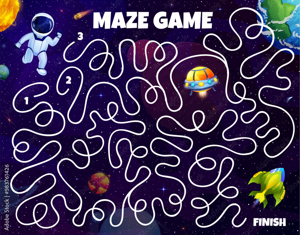 Poster kids space labyrinth maze, help astronaut to find spaceship in galaxy, vector game worksheet. labyri