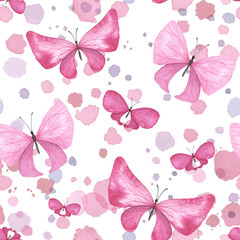 Seamless pattern pink butterfly with drops and splashes isolated on white background. Watercolor hand drawn for design