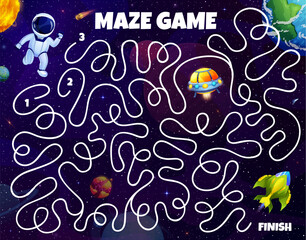 Kids space labyrinth maze, help astronaut to find spaceship in galaxy, vector game worksheet. Labyrinth maze puzzle to help to spaceman to find way to rocket and escape alien UFO in galaxy