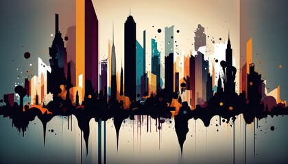 Abstract illustration of a cityscape with ink drips, generative ai composite.