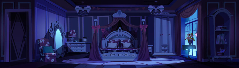 Pink princess bedroom interior at night background. Dark cartoon vintage room furniture in castle vector illustration. Cute girly medieval canopy above bed near mirror, window and chandelier.