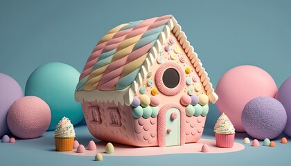 Whimsical cottage made out of pastel coloured candy, generative ai composite.