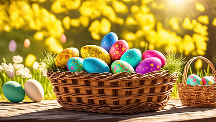 Fototapeta na wymiar Composition of colourful Easter eggs in wicker basket outside. Happy Easter concept 