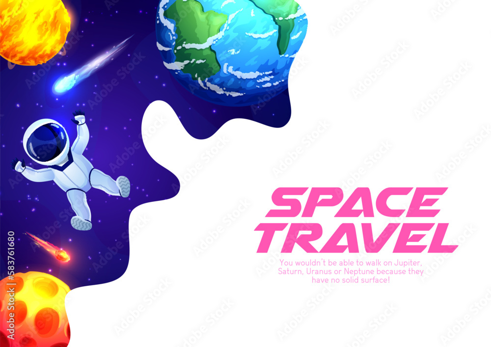 Poster Astronaut in outer space, landing page with galaxy planets and stars, vector website template. Space adventure and spaceman travel to galactic and outer space, spaceflight landing page background