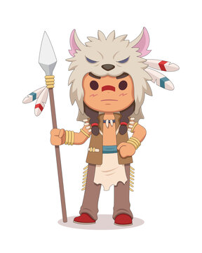 Cute style native American Indian warrior cartoon illustration