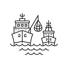 Shipping seafood industry boat isolated line icon. Vector fishing boat or vessel with fish in net. Sea fishing, ship marine industry