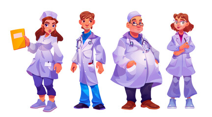 Fototapeta na wymiar Hospital staff, doctors and nurses team. Medics characters, professional medical workers. Vector cartoon set of diverse people work in hospital or health clinic isolated on white background