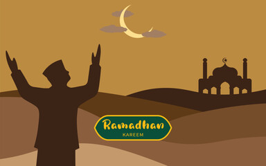 Naklejka premium Ramadan greeting illustration. Men praying to welcome the holy month of Ramadan with desert, mosque, moon and clouds as background. Arabic decoration in Eastern style. Islamic Muslim background.