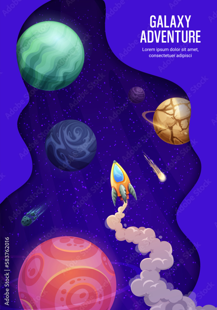 Poster space landing page, paper cut galaxy landscape and space rocket, vector website template. galaxy adv