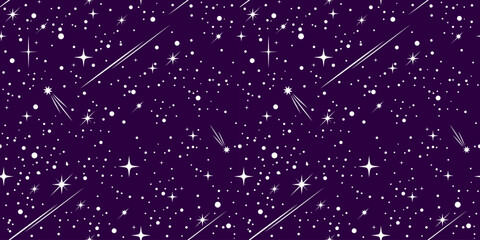 Space sky seamless pattern, stars and comets on violet background. Vector magic cosmic abstract esoteric ornament. Astronomy or astrology science repeated backdrop, starry galaxy or infinite Universe © Vector Tradition