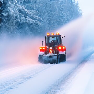 Tractor with snow plow cleaning road