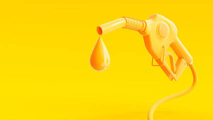 Gasoline yellow injector fuel pump nozzle and oil drop on Yellow background. Can be used text input or banner related to oil industry and refuel service. Designed in minimal concept. 3D Render.