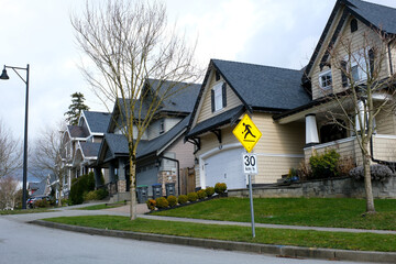 Obraz premium A row of a new houses in Surrey British Columbia, Canada. Front yards of the houses and street with trees and bushes. High quality photo