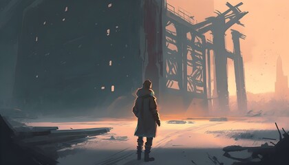 Fototapeta premium man looking at abandoned factory in a cold winter morning, digital art style, illustration painting, Generative AI