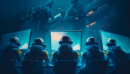  E-sport gaming player teams with illustration art and speed light stlye.competition and strategy for success.stream technology.ai generated images