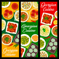 Georgian cuisine food banners. Vector baked green beans, flatbread and beef tongue salad, tomato sauce Satsebeli, stuffed tomatoes and cabbage salad, beef with Tkemali sauce, cheese mint balls