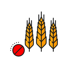 Fototapeta na wymiar Gluten allergy color line icon. Allergic diet, nutrition ingredient prohibition or intolerance, food allergy vector pictogram. Food product allergen outline sign with wheat or cereal plant ears