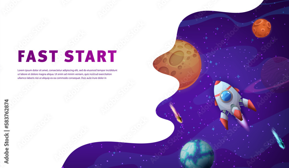 Poster Space landing page, rocket spaceship in outer space between planets, vector website template. Fast start, business start up landing page layout with rocket spaceship and galaxy planets and starry sky