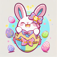 Cute kawaii cartoon Easter bunny with eggs character illustration