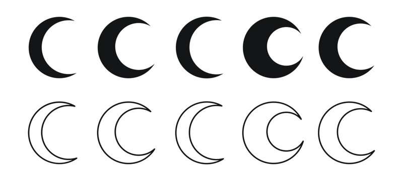 Crescent moon vector illustration, different shapes of moon crescent phases