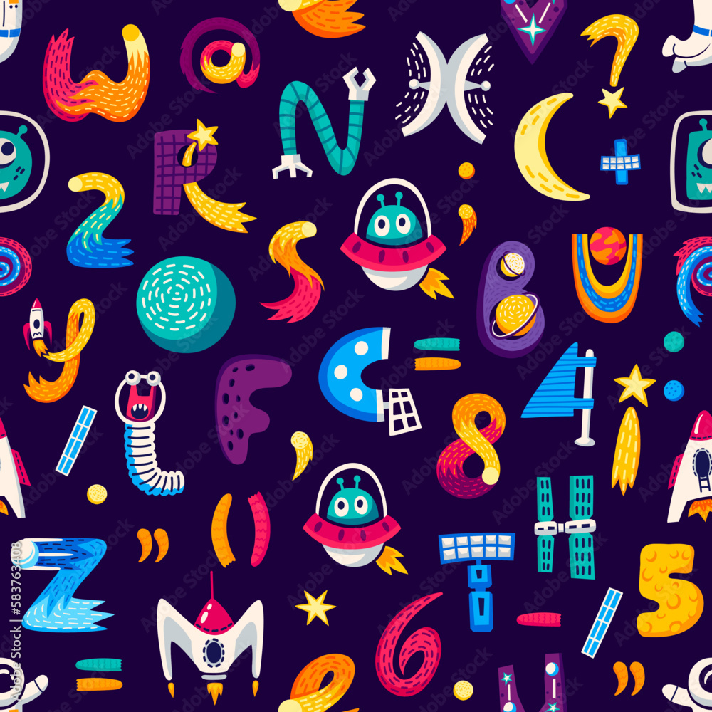 Poster Kids space cartoon letters and numbers seamless pattern. Vector repeated background with abc in cosmic style. Creative kids ornament, wallpaper, textile or wrapping paper. Tiled backdrop with typeset