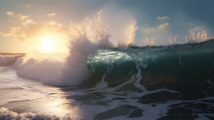 Large wave crashing on the beach under the radiant sun, generative ai composite.