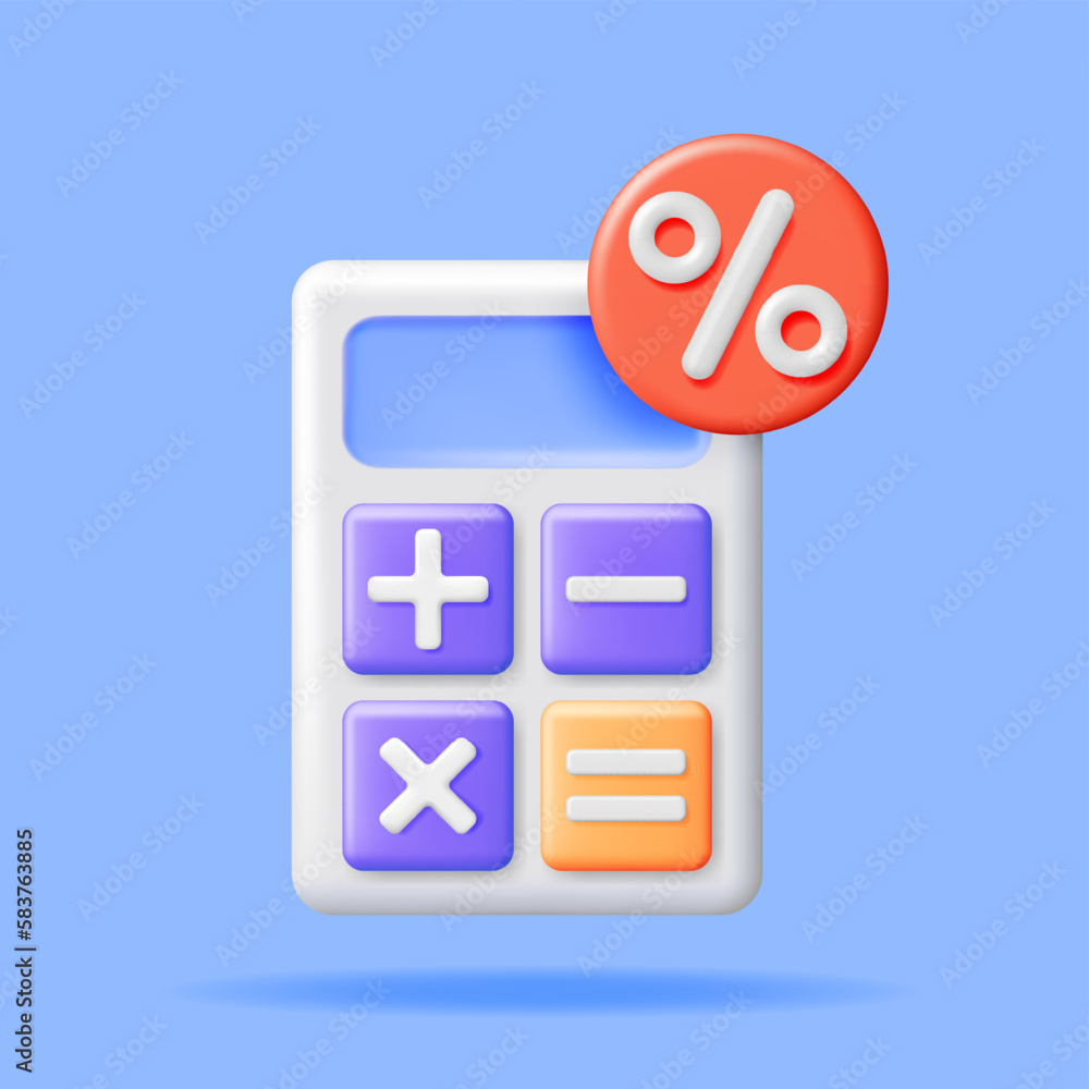 Poster 3d modern calculator with percentage sign. mathematics icon. addition, subtraction, multiplication a