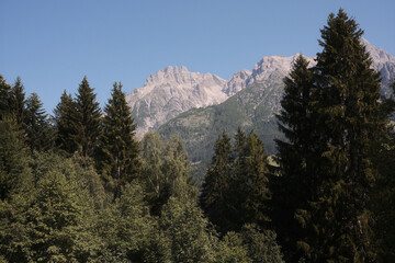 Sun's rays make their way through the crowns of trees in the autumn forest in Leogang, Austria