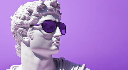 Gypsum statue head in sunglasses on a purple background illustration - obrazy, fototapety, plakaty