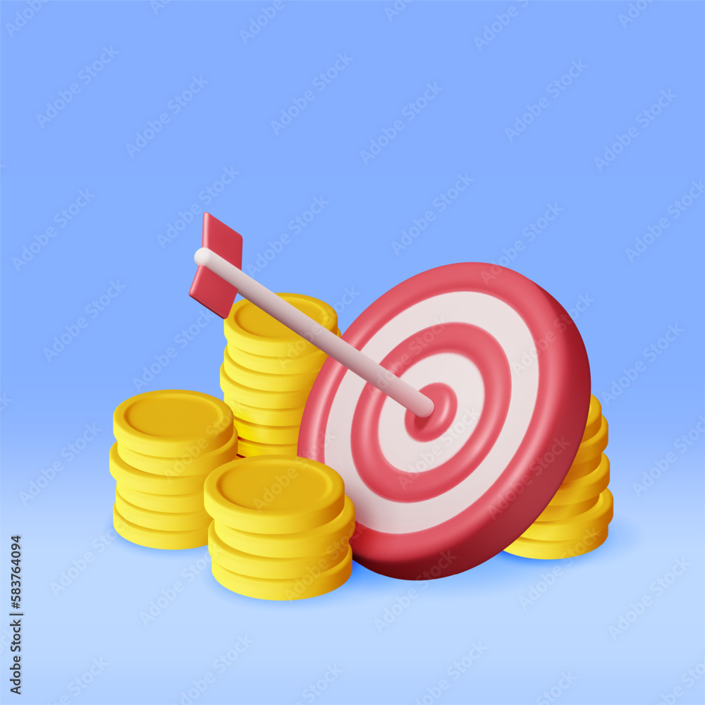 Poster 3d stacks of coins and target with arrow isolated. render dartboard with arrow and golden money. bus