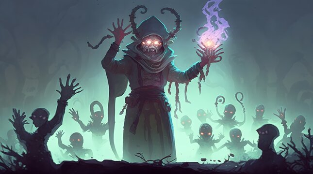 undead sorcerer casting a spell, digital art style, illustration painting, Generative AI