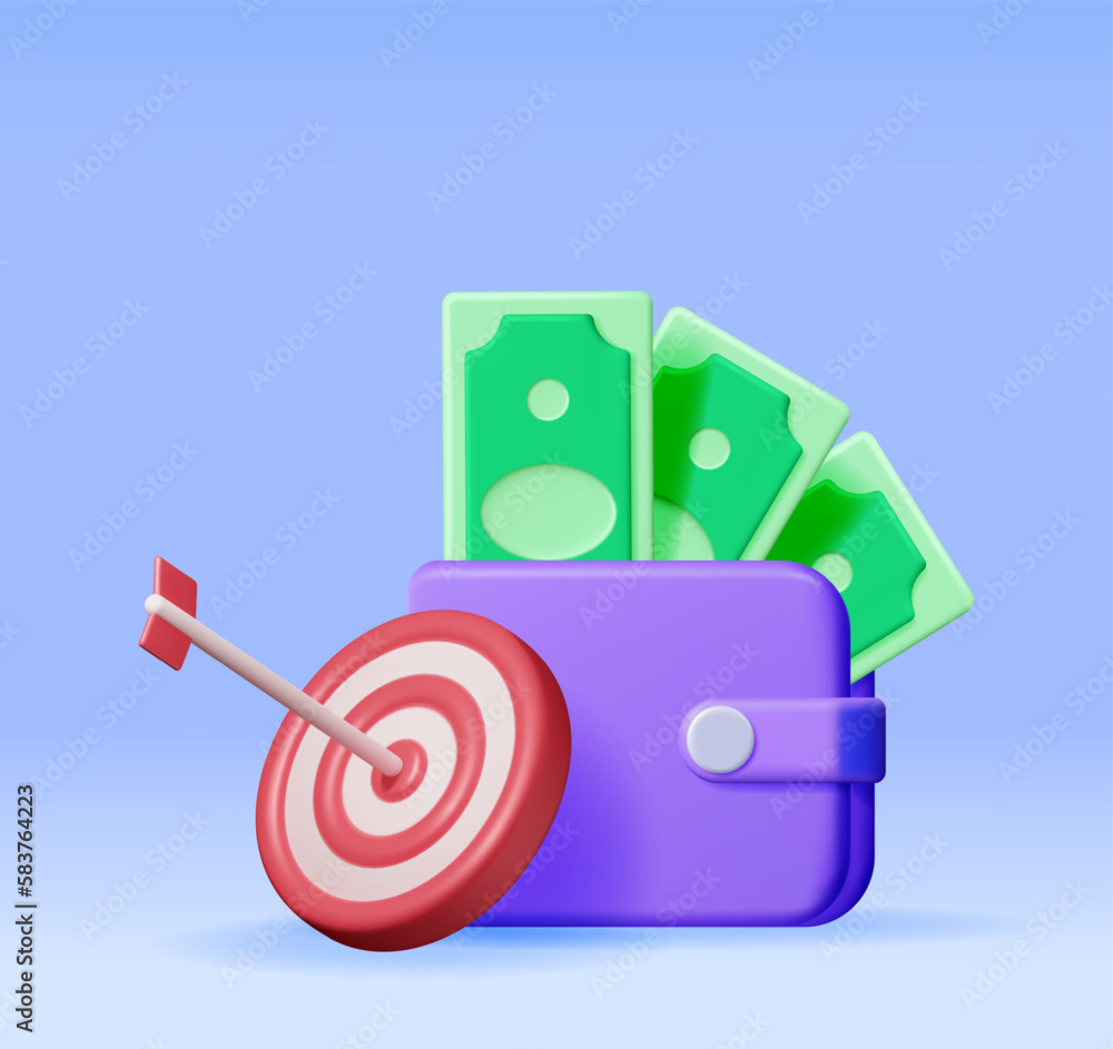 Poster 3d wallet with dollars and target with arrow isolated. render dartboard with arrow and money. busine