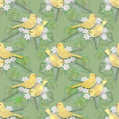 Seamless pattern in green tones with birds and plant leaves. Watercolor.