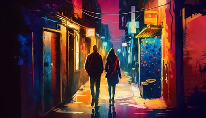 couple walking in alley with colorful lights, digital painting, Generative AI