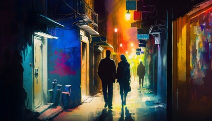 couple walking in alley with colorful lights, digital painting, Generative AI