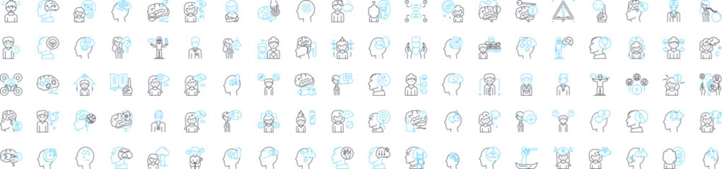 Human mind vector line icons set. Thought, Intellect, Psychoanalysis, Consciousness, Cognition, Memory, Imagination illustration outline concept symbols and signs - obrazy, fototapety, plakaty