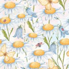 Floral watercolor seamless pattern of wild flowers, daisies, butterflies, ladybug.