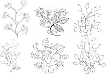 
Beautiful Bundle rose with leaves design vector Collection illustration, black outline hand drawn art tree branch, colorful tree, bush, plant, tropical leaves side view isolated on white background
