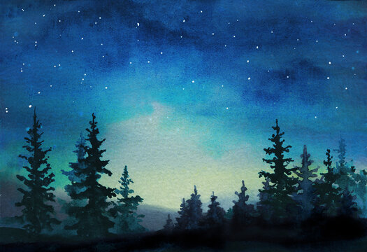 watercolor illustration spruce forest landscape with night stars sky with light in the morning