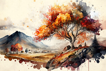 Autume watercolor natural artistic view with Generative AI technology