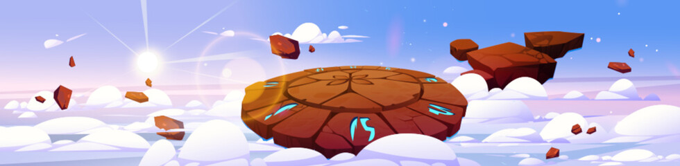 Obraz na płótnie Canvas Game fighting arena background with stone circle platform floating in sky. Heaven landscape with battle podium with magic runes, clouds and sun, vector cartoon illustration